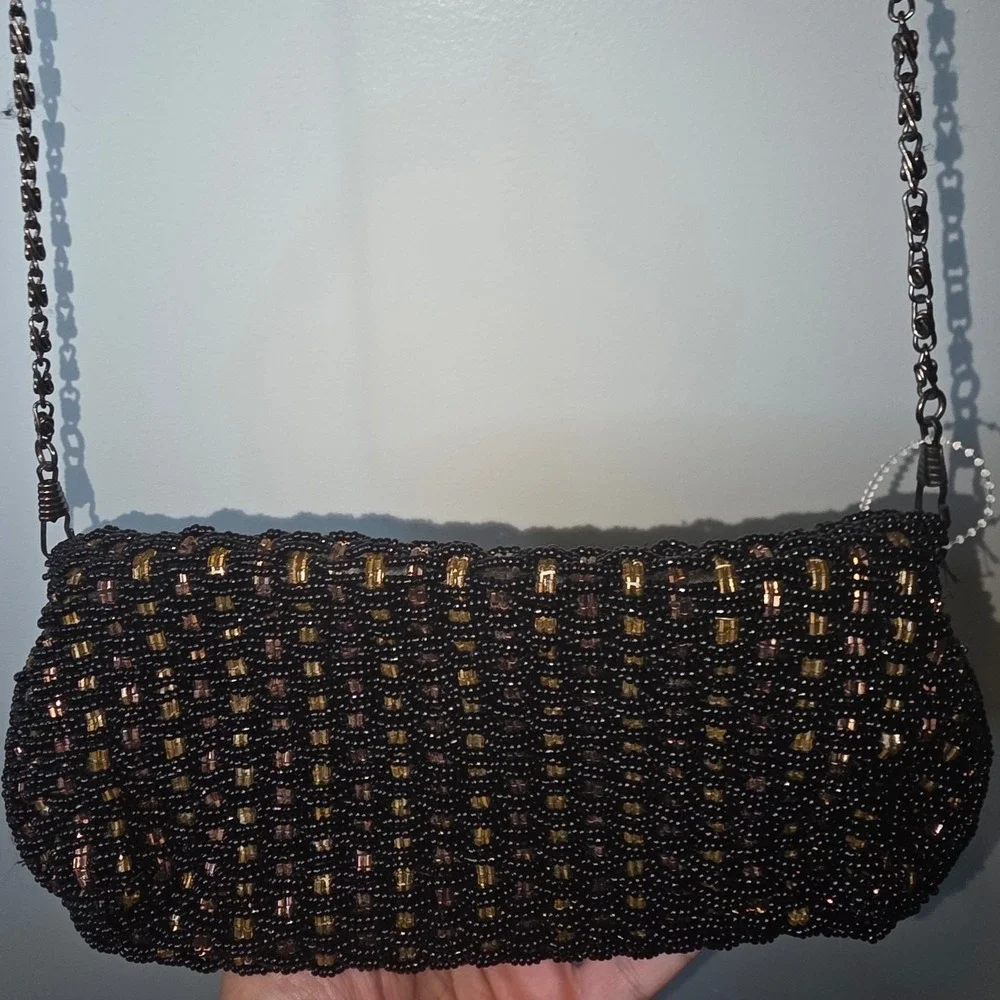 Moni Couture Beaded Evening Clutch Black‎ Gold Y2K Chain Strap